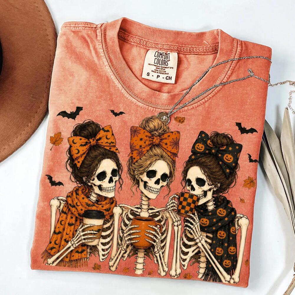 S Skeleton Coffee Shirt, Halloween Besties Tee,  Fall Gift